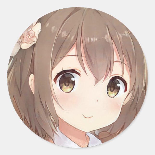 Cute anime manga girl brown hair hazel eyes flower classic round sticker (Front)