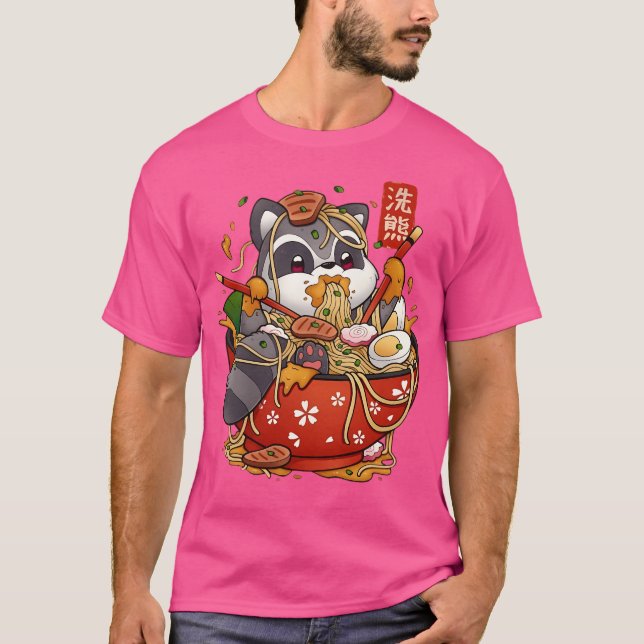 Cute Anime Racoon Eating Ramen Noodles T-Shirt (Front)