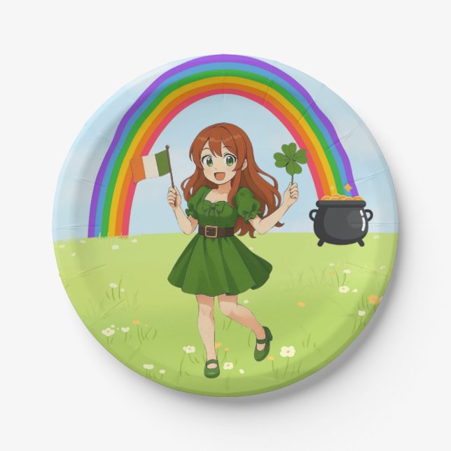 Cute anime redhead Saint Patrick's Day   Paper Plate (Front)