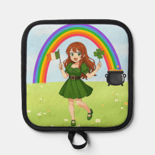 Cute anime redhead Saint Patrick's Day   Pot Holder