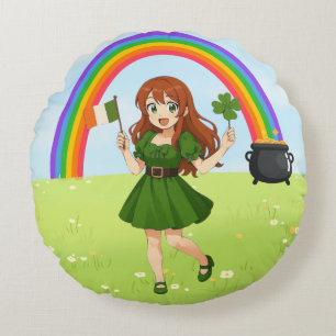 Cute anime redhead Saint Patrick's Day   Round Cushion