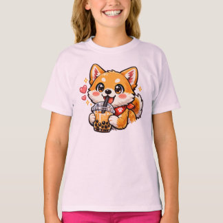 Cute Anime Shiba Inu Drinking Bubble Tea Kawaii T-Shirt