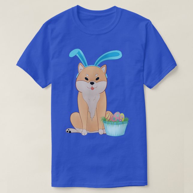 Cute Anime Shiba Inu with Bunny Ears and Easter Eg T-Shirt (Design Front)