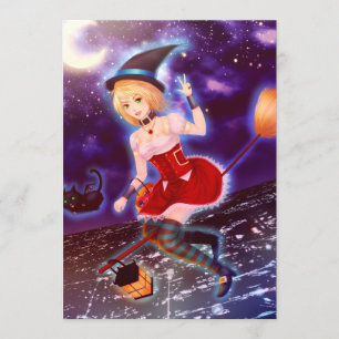 Cute anime witch girl with flying pet cats invitation