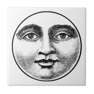 Cute Antique Vintage Black White Moon Face Tile