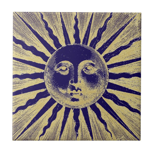Cute Antique Vintage Gold Blue Sun Face Tile (Front)