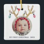 Cute Antlers First Christmas New Baby Ceramic Ornament<br><div class="desc">Celebrate your baby's first Christmas with a personalised ornament that you'll cherish for years to come! Our "My First Christmas" ornament features a delightful watercolor drawing of an antlers headband with Christmas lights. With space for a photo of your little one, this ornament is the perfect addition to your holiday...</div>