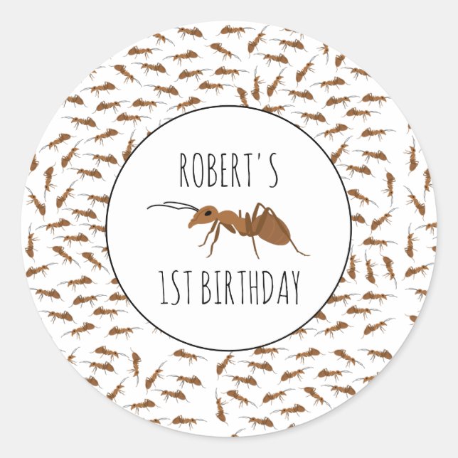 Cute Ants Pattern Custom Name Kids Birthday Party Classic Round Sticker (Front)