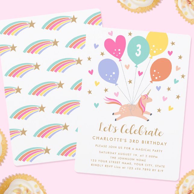  Cute Any Age Birthday Unicorn Balloon Kids Party Invitation (Creator Uploaded)