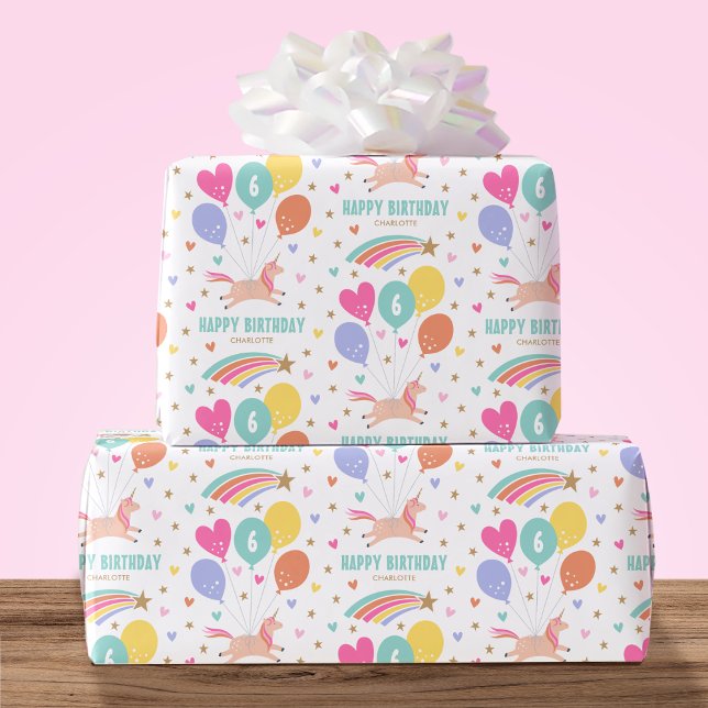  Cute Any Age Happy Birthday Unicorn Kids Name Wrapping Paper (Creator Uploaded)