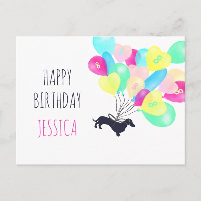 Cute Any Age Watercolor Balloon Dachshund Birthday Postcard (Front)