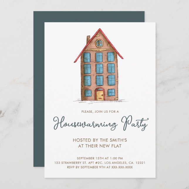 Cute Apartment Building Housewarming Party Invitation (Front/Back)