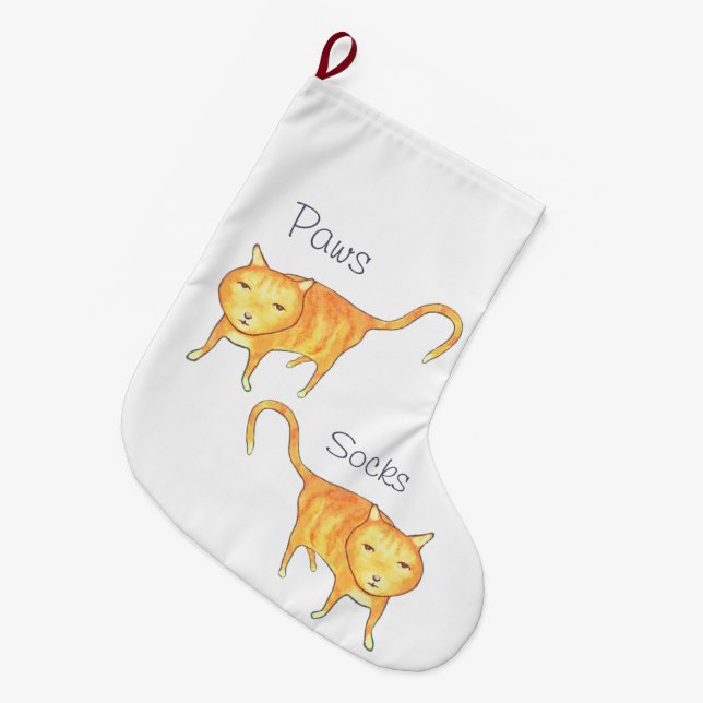 Cute Apathetic Orange Cat Large Christmas Stocking (Front (Hanging))