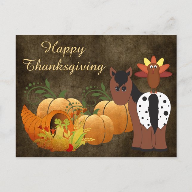 Cute Appaloosa Horse and Turkey Happy Thanksgiving Holiday Postcard (Front)