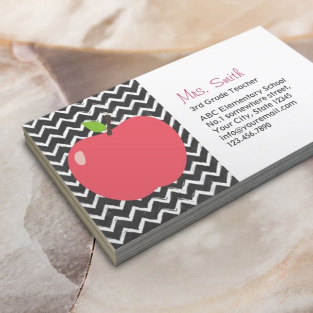 Cute Apple & Chalkboard Chevron Stripes Teacher Business Card (Creator Uploaded)