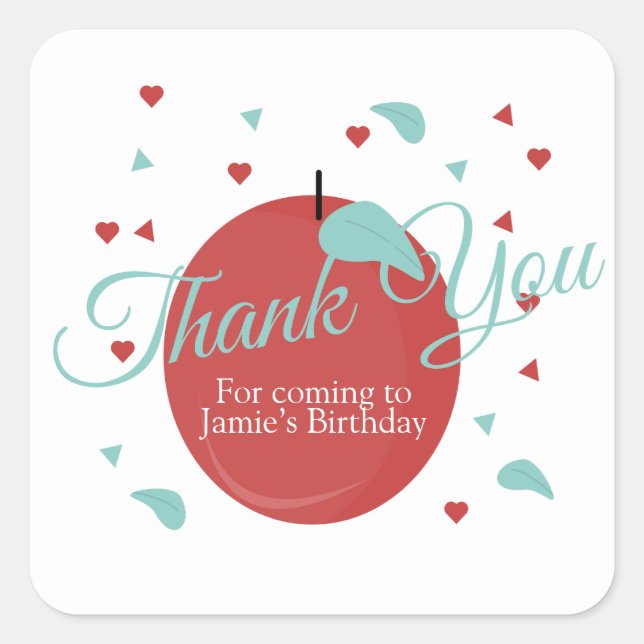 Cute Apple Confetti Birthday  Red Teal Square Sticker (Front)