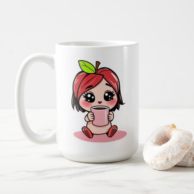Cute Apple Head Chibi Drinking Coffee Mug (With Donut)