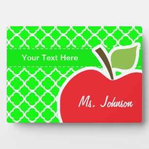 Cute Apple on Electric Green Quatrefoil Plaque