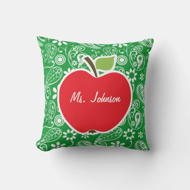 Cute Apple on Kelly Green Paisley Cushion (Front)