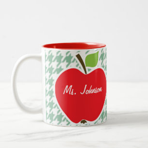 Cute Apple on Sea Green Houndstooth Two-Tone Coffee Mug