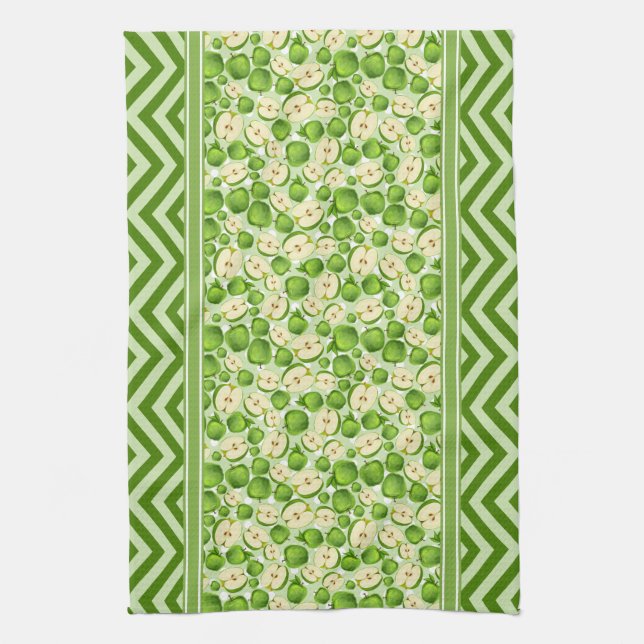 Cute Apple Slice Polka Dot & Chevron Green Tea Towel (Vertical)