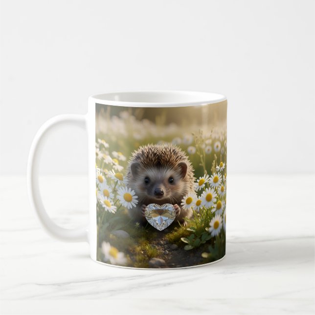 Cute April Hedgehog with Diamond Heart Coffee Mug (Left)