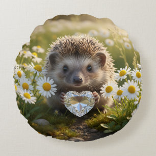 Cute April Hedgehog with Diamond Heart Round Cushion