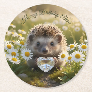 Cute April Hedgehog with Diamond Heart Round Paper Coaster