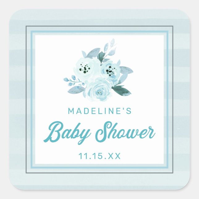 Cute Aqua & Baby Blue Floral Baby Shower Favour Square Sticker (Front)
