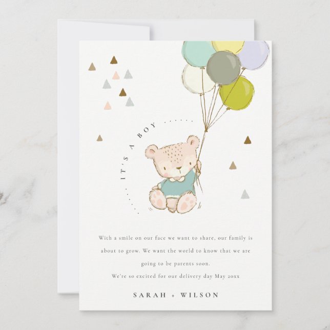 Cute Aqua Bear Balloon Baby Announcement Card (Front)
