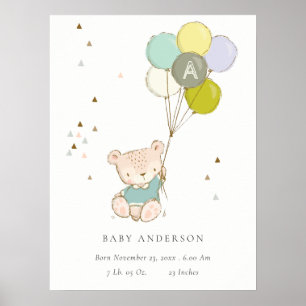 Cute Aqua Bear Balloon Boys Monogram Birth Stat Poster