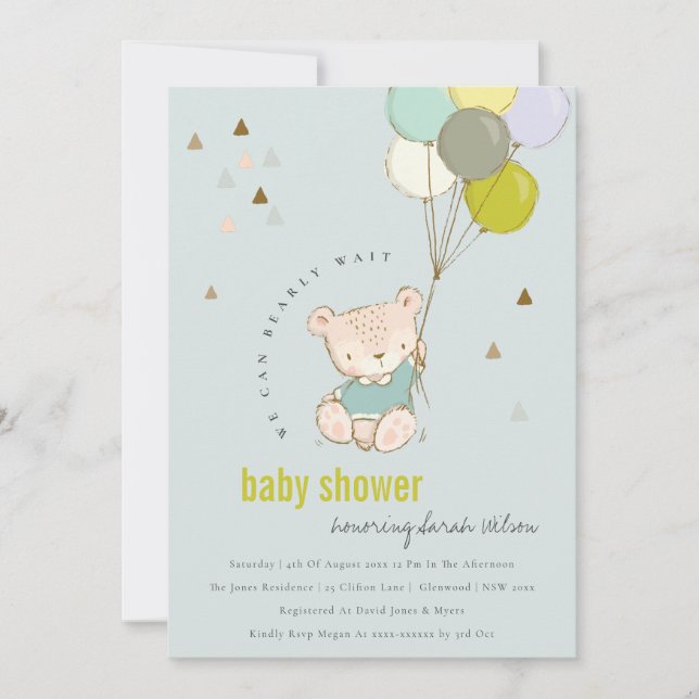 Cute Aqua Bearly Wait Balloon Baby Shower Invite (Front)
