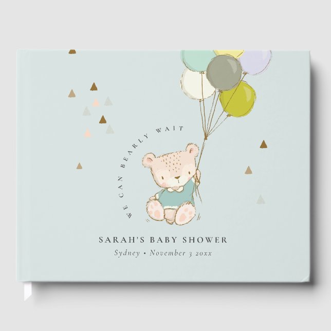 Cute Aqua Bearly Wait Bear Balloon Baby Shower Gue Guest Book (Front)