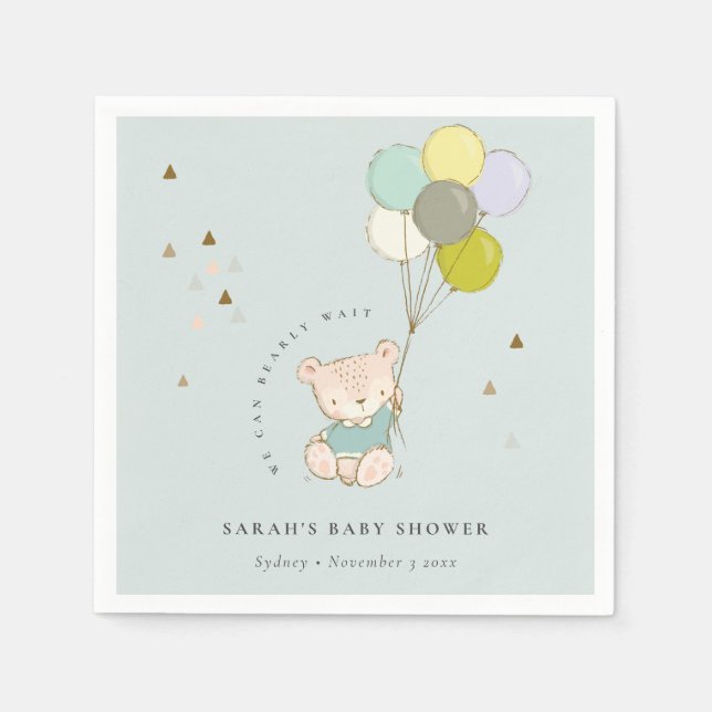 Cute Aqua Bearly Wait Bear Balloon Baby Shower Napkin (Front)