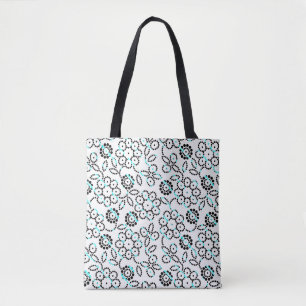 Cute aqua black white flowers pattern tote bag