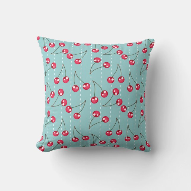 Cute Aqua Blue And Red Cherries Pattern Cushion (Front)