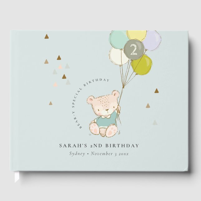Cute Aqua Blue Bear Balloon Any Age Birthday Guest Book (Front)
