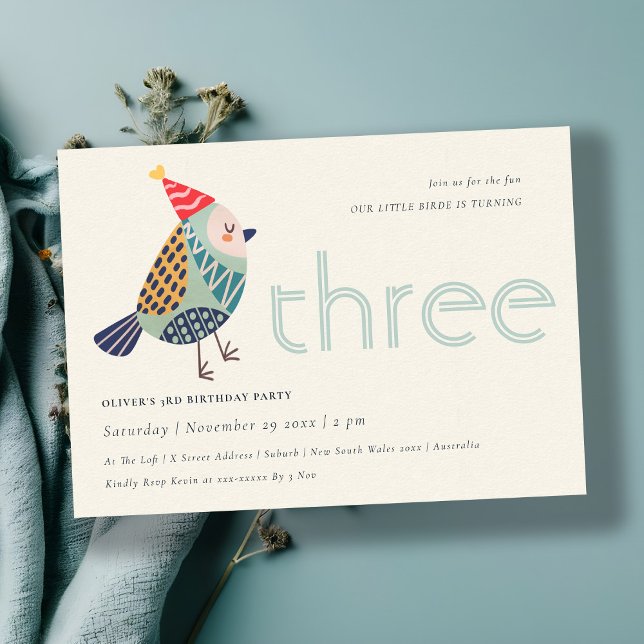 Cute Aqua Blue Birdie Any Age 3rd Birthday Invite (Creator Uploaded)