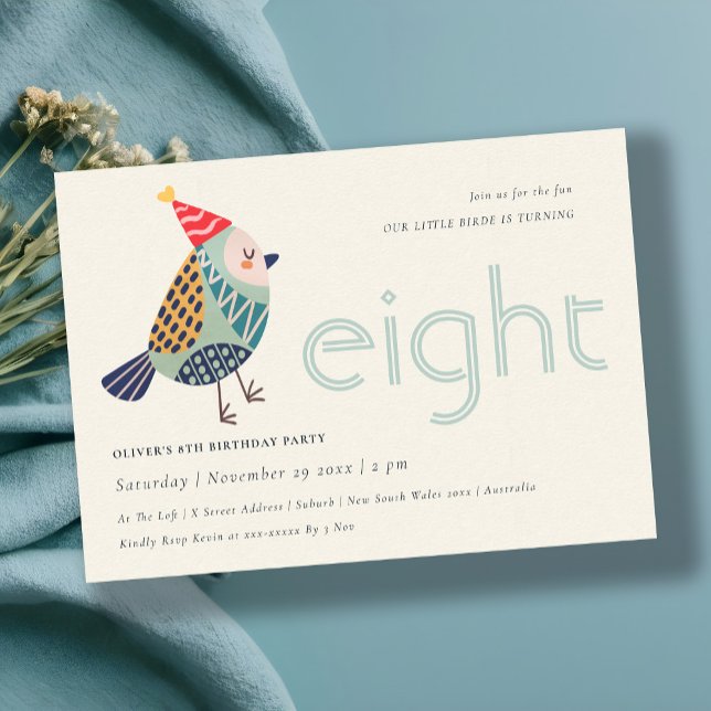 Cute Aqua Blue Birdie Any Age 8th Birthday Invite (Creator Uploaded)