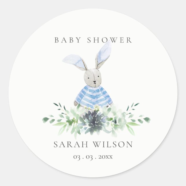 Cute Aqua Blue Bunny Garden Foliage Baby Shower Classic Round Sticker (Front)