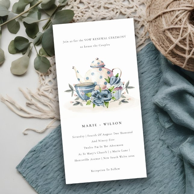 Cute Aqua Blue Flora Teapot Cup Vow Renewal Invite (Creator Uploaded)