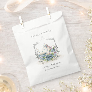 Cute Aqua Blue Floral Teapot Crest Bridal Shower Favour Bags