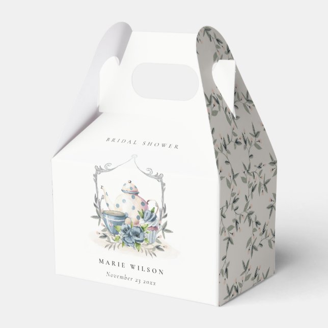 Cute Aqua Blue Floral Teapot Crest Bridal Shower Favour Box (Front Side)
