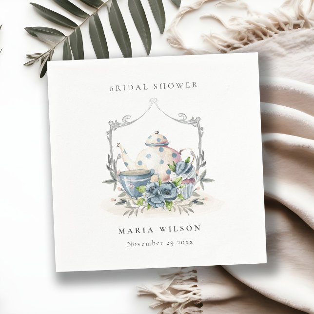 Cute Aqua Blue Floral Teapot Crest Bridal Shower Napkin (Creator Uploaded)
