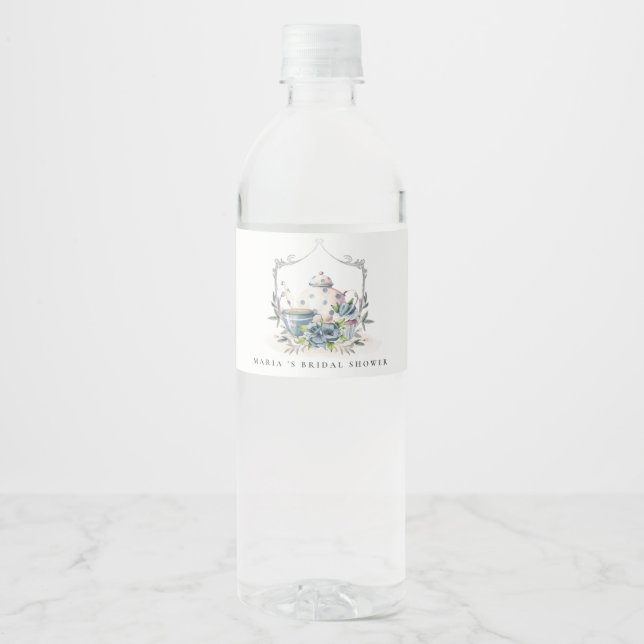  Cute Aqua Blue Floral Teapot Crest Bridal Shower Water Bottle Label (Front)