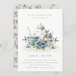 Cute Aqua Blue Floral Teapot Cup Engagement Invite