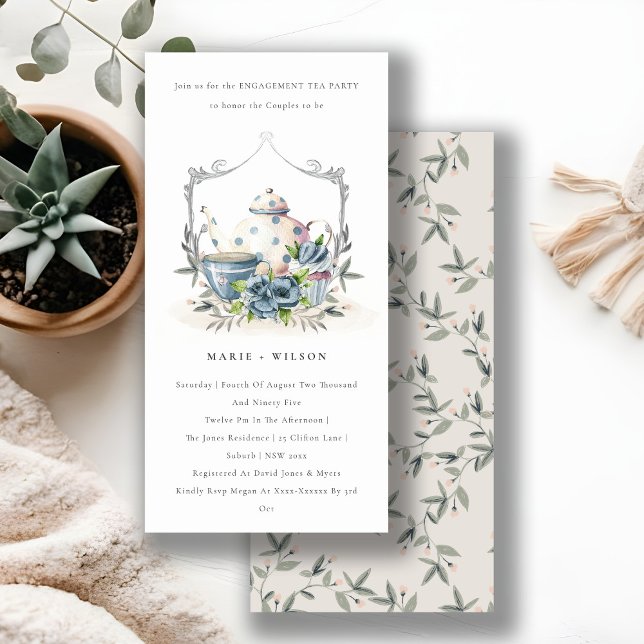 Cute Aqua Blue Floral Teapot Cup Engagement Invite (Creator Uploaded)