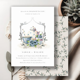 Cute Aqua Blue Floral Teapot Cup Engagement Invite