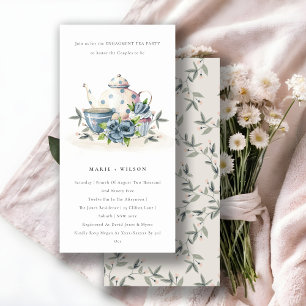 Cute Aqua Blue Floral Teapot Cup Engagement Invite