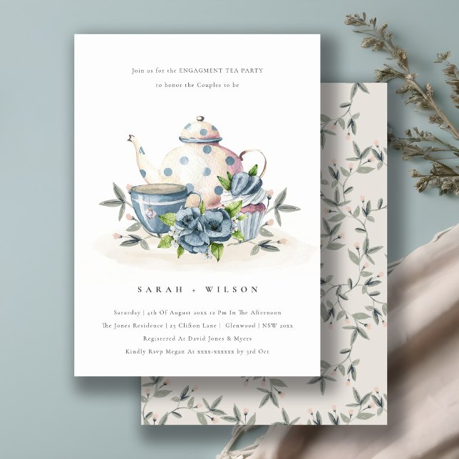 Cute Aqua Blue Floral Teapot Cup Engagement Invite (Creator Uploaded)